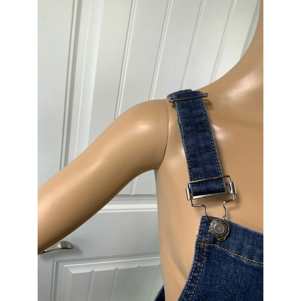 Machine Dark Wash Denim Overalls Shorts‎ Blue Distressed Lg Cabincore Fisherman